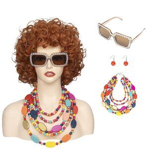 2565 Short Curly Orange Red Wig With Necklace Earrings